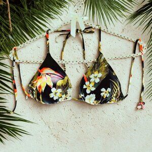Billabong Triangle Bikini Top - Black Coco Palm Tropical Print | Size Large